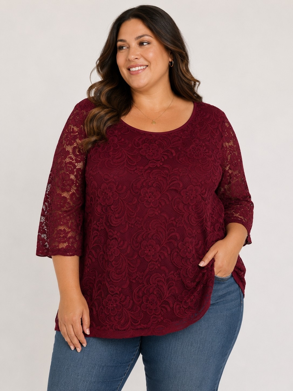 Roz & Ali Burgundy Lace Scoop Neck Top